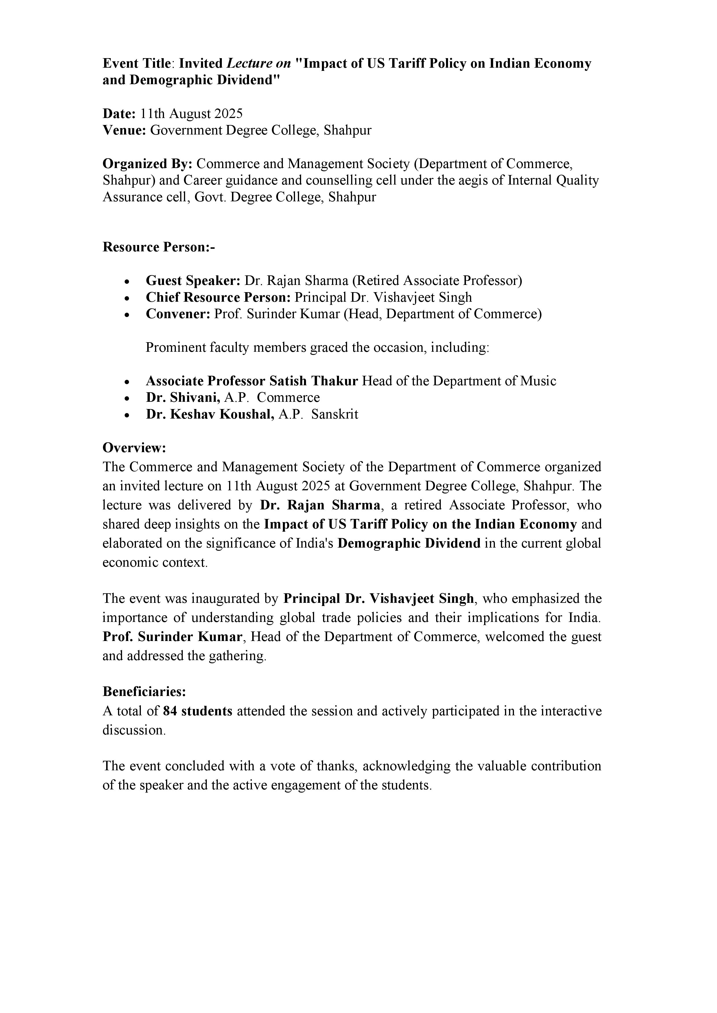 invited Lecture by Dr. Rajan sharma (Report and photos)